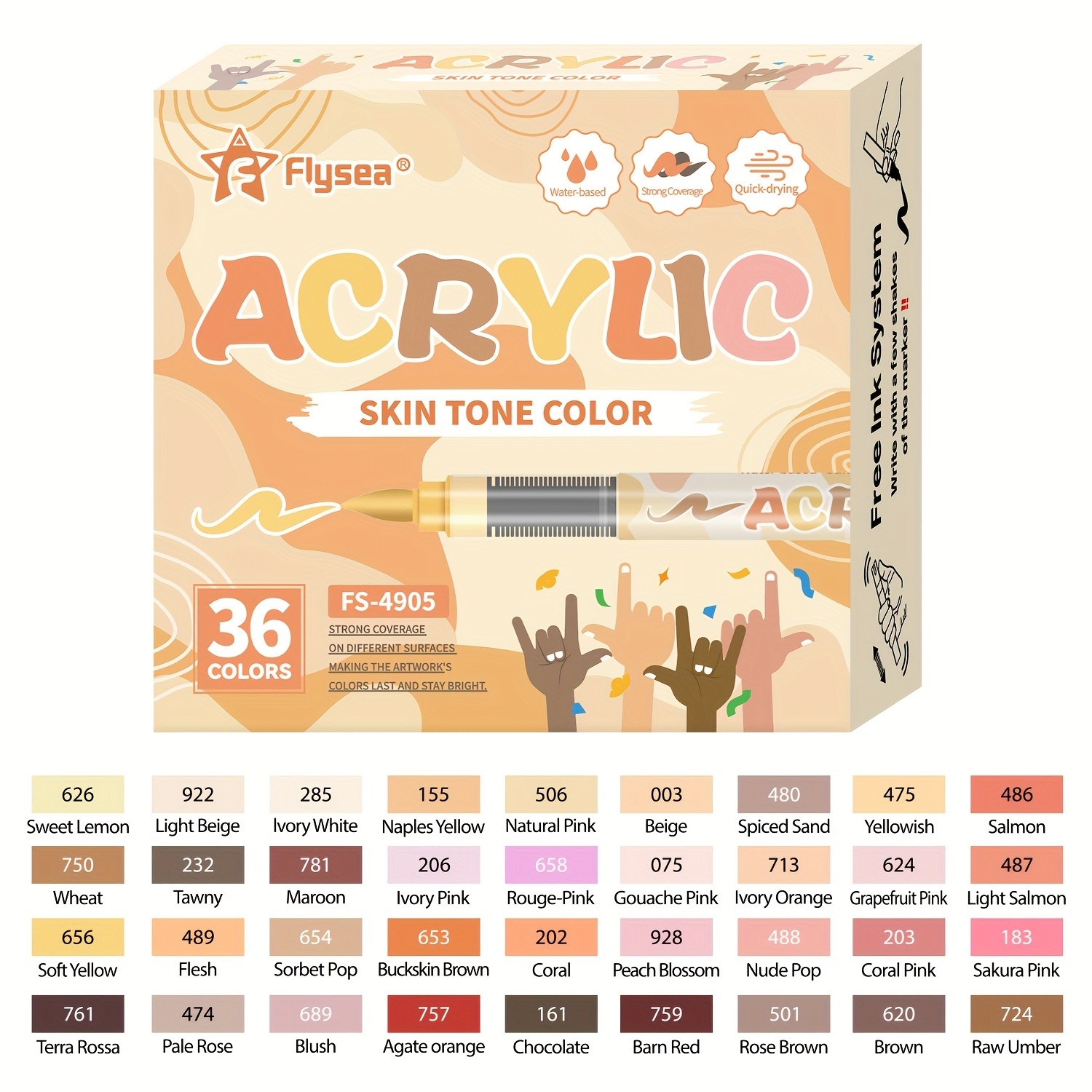 FLYSEA 24/36 Colors Acrylic Marker Set  Vibrant Water-Based Brush Pens for Professional Painting & Creative Projects