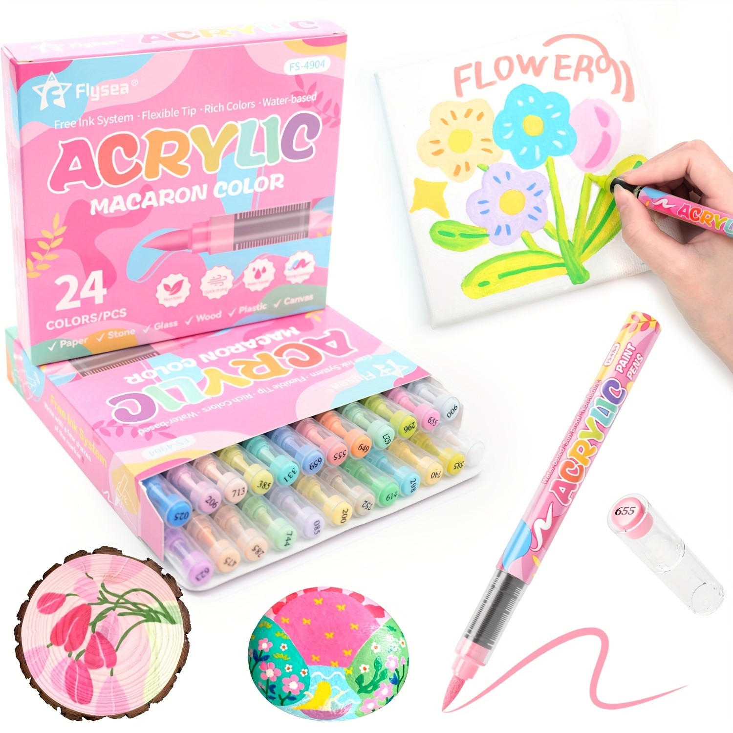 FLYSEA 24/36 Colors Acrylic Marker Set  Vibrant Water-Based Brush Pens for Professional Painting & Creative Projects