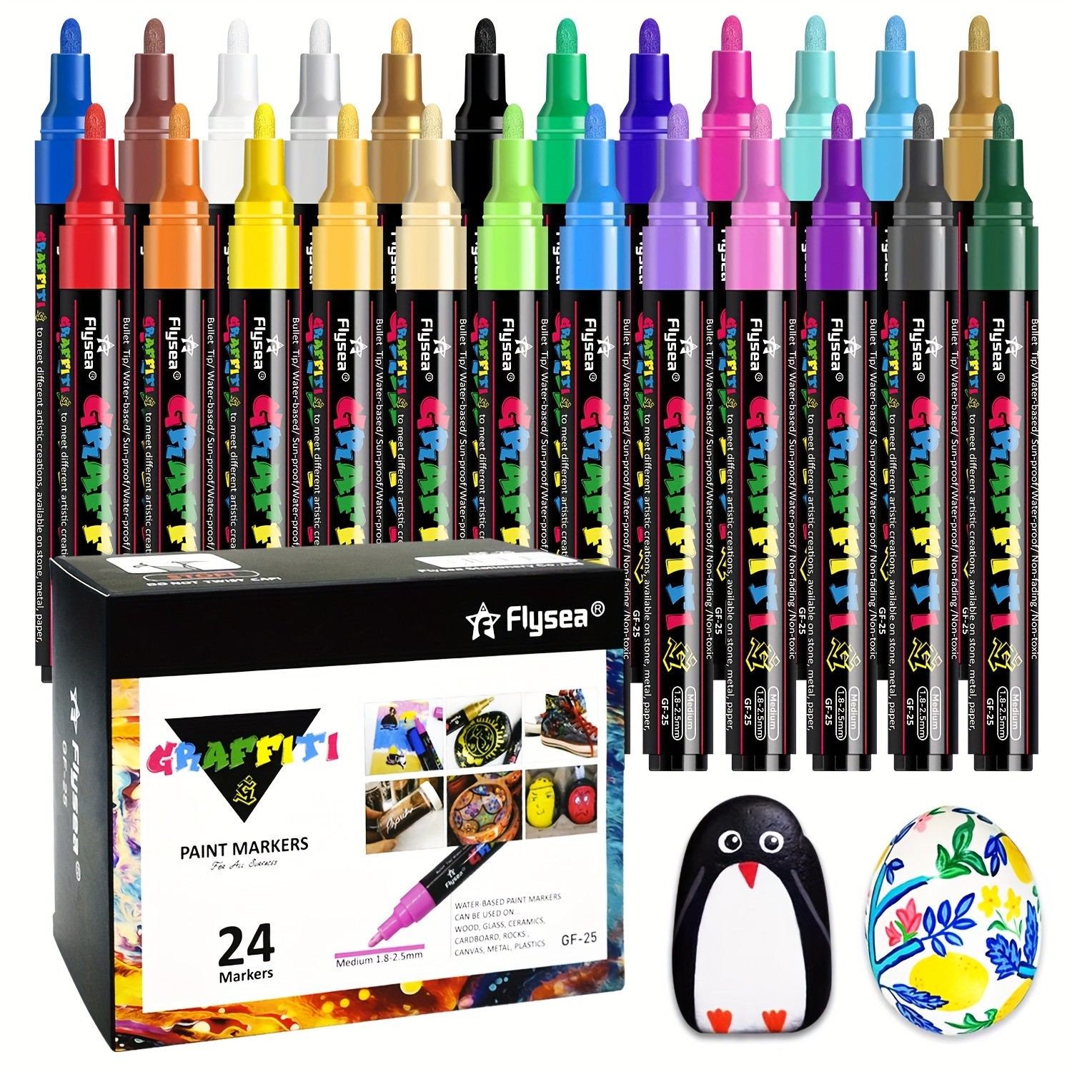 FLYSEA 24pcs Acrylic Paint Marker Pens  Medium Tip, Waterproof, Quick-Drying Pens for Skateboards, Canvas, Wood, Stone & DIY Crafts