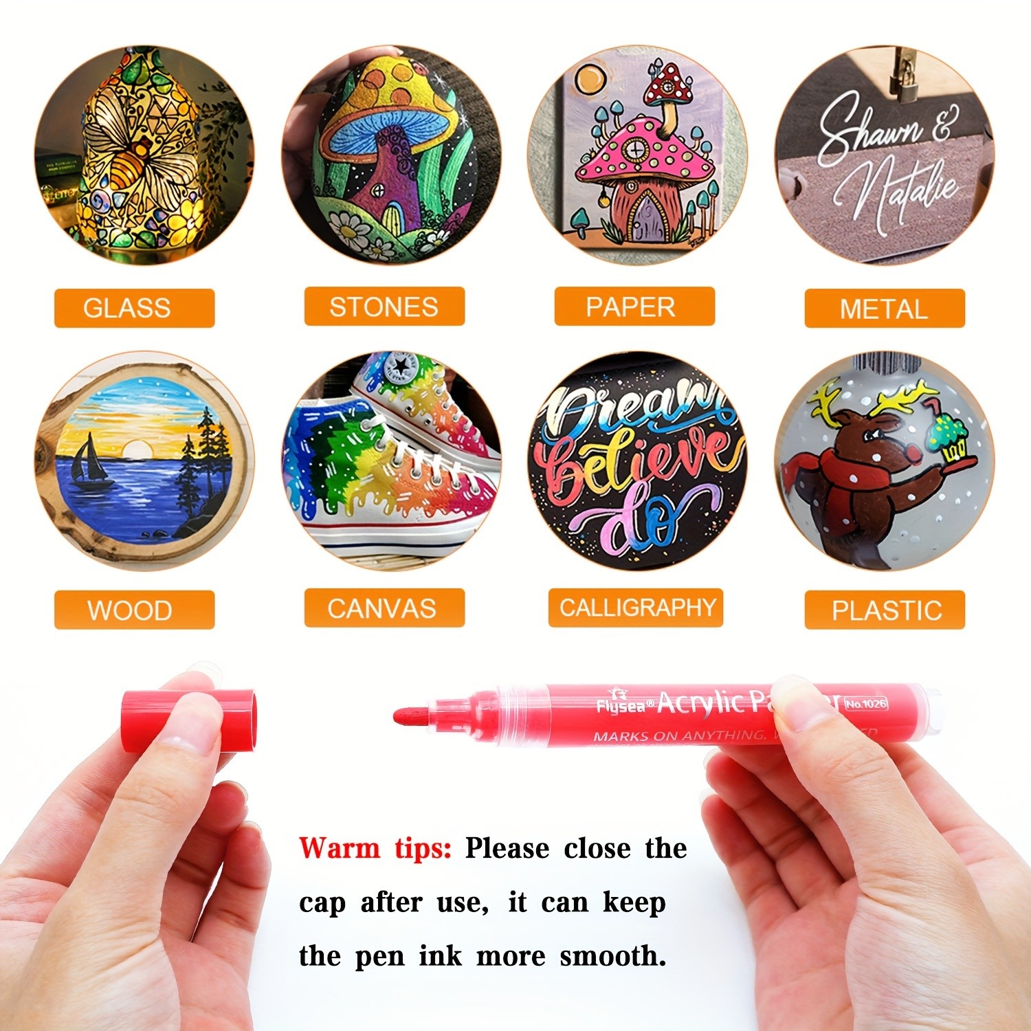 FLYSEA 24pcs Acrylic Paint Marker Pens  Medium Tip, Waterproof, Quick-Drying Pens for Skateboards, Canvas, Wood, Stone & DIY Crafts