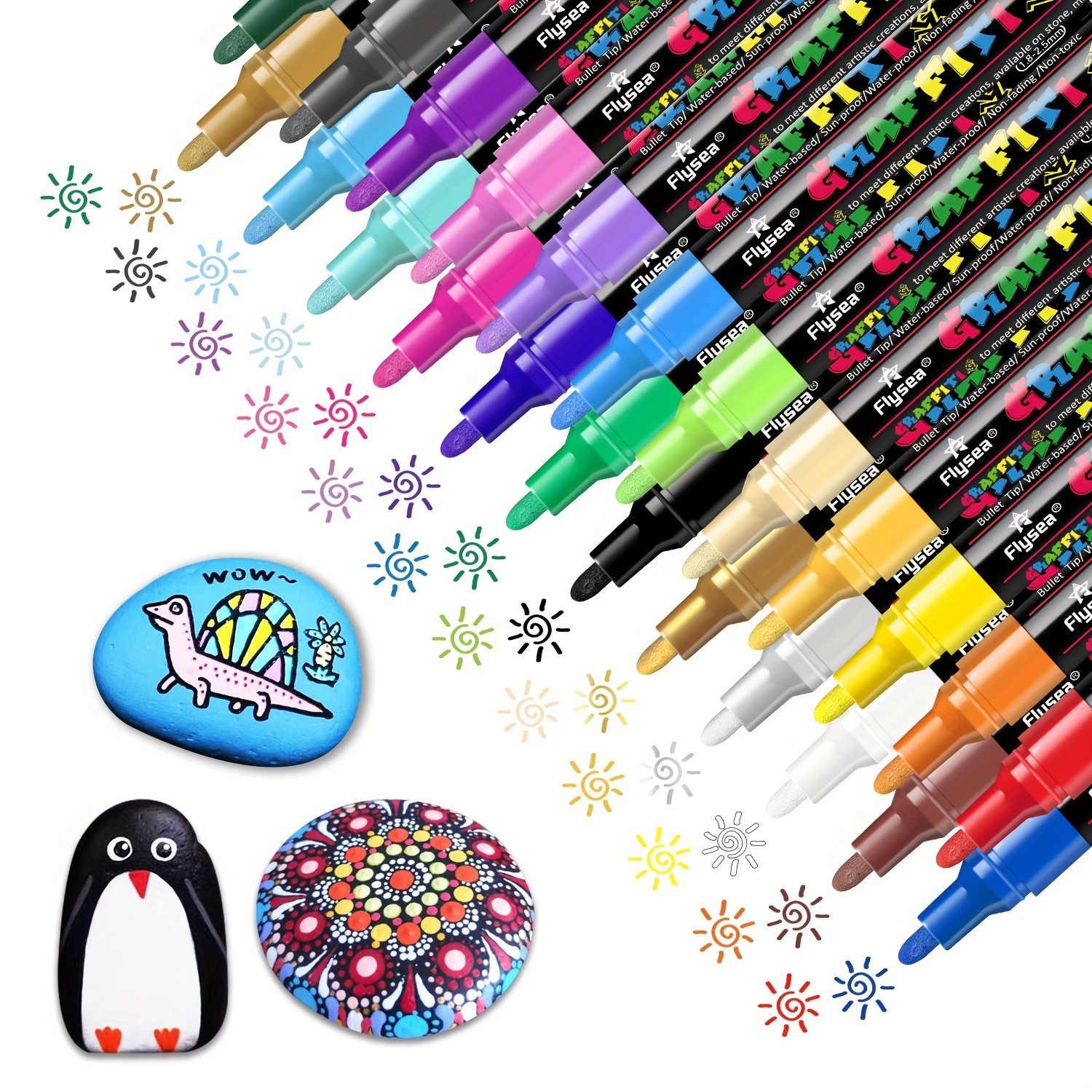 FLYSEA 24pcs Acrylic Paint Marker Pens  Medium Tip, Waterproof, Quick-Drying Pens for Skateboards, Canvas, Wood, Stone & DIY Crafts