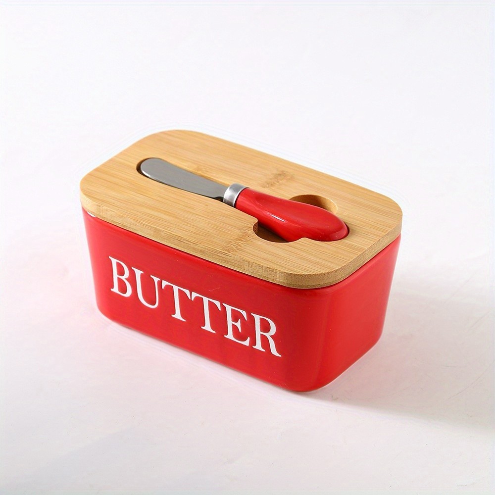 YUMIPLUS Ceramic Butter Dish with Bamboo Lid & Knife  Large Airtight Butter Keeper for Kitchen & Pantry Storage