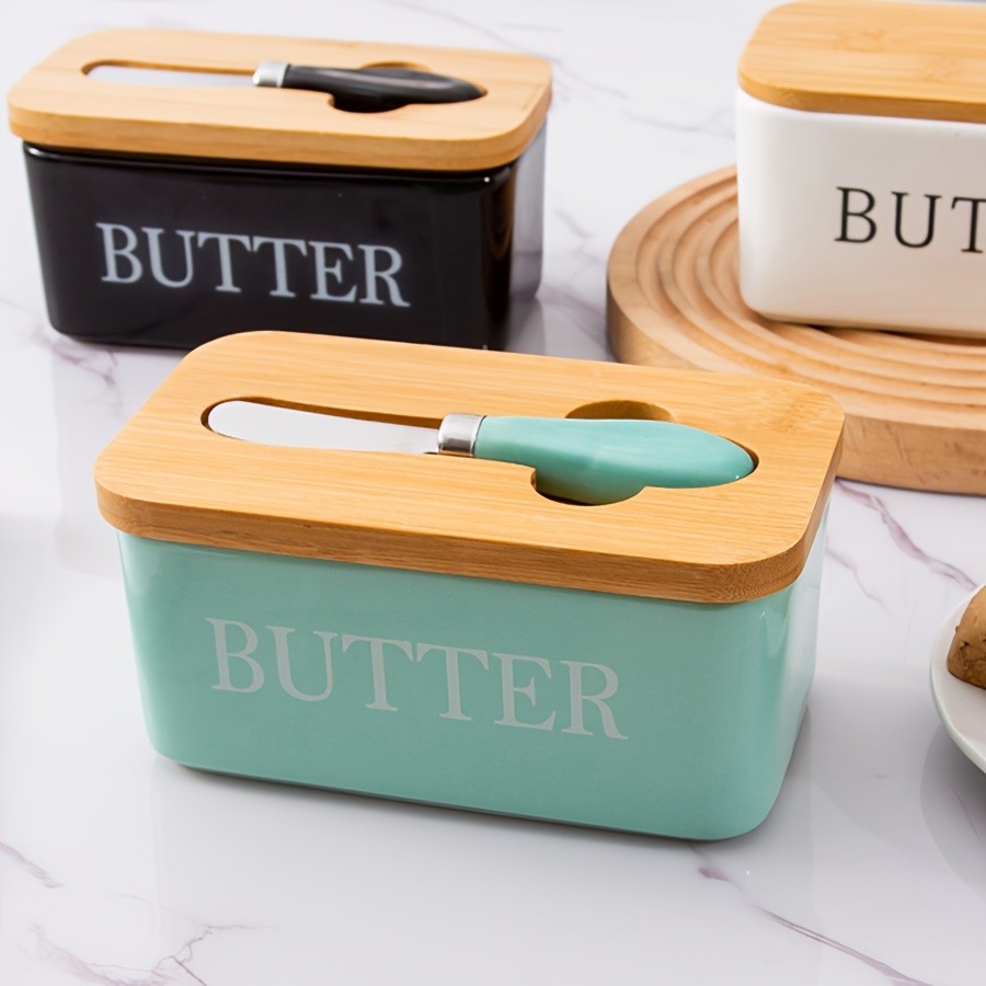 YUMIPLUS Ceramic Butter Dish with Bamboo Lid & Knife  Large Airtight Butter Keeper for Kitchen & Pantry Storage