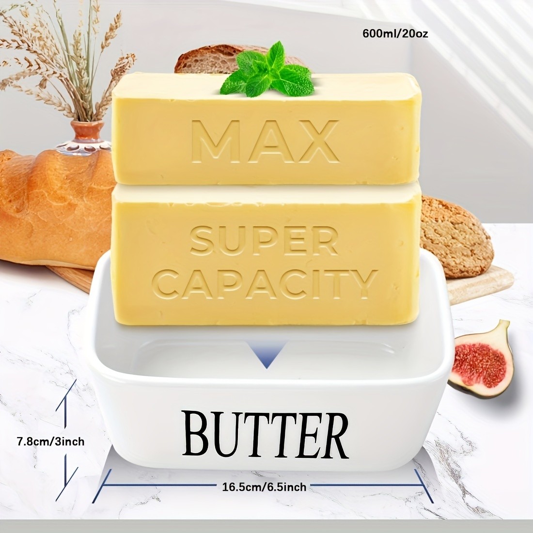 YUMIPLUS Ceramic Butter Dish with Bamboo Lid & Knife  Large Airtight Butter Keeper for Kitchen & Pantry Storage