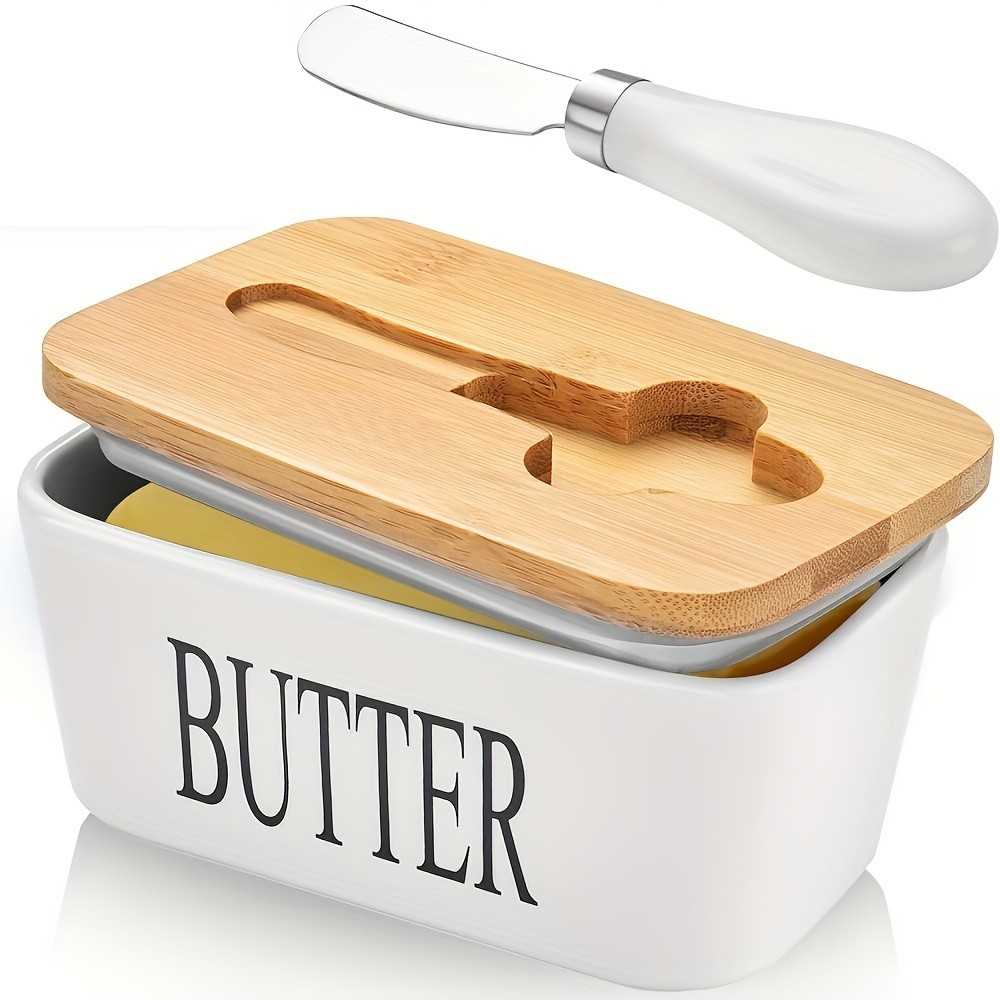 YUMIPLUS Ceramic Butter Dish with Bamboo Lid & Knife  Large Airtight Butter Keeper for Kitchen & Pantry Storage