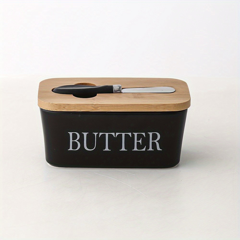 YUMIPLUS Ceramic Butter Dish with Bamboo Lid & Knife  Large Airtight Butter Keeper for Kitchen & Pantry Storage