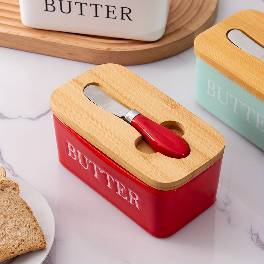 YUMIPLUS Ceramic Butter Dish with Bamboo Lid & Knife  Large Airtight Butter Keeper for Kitchen & Pantry Storage