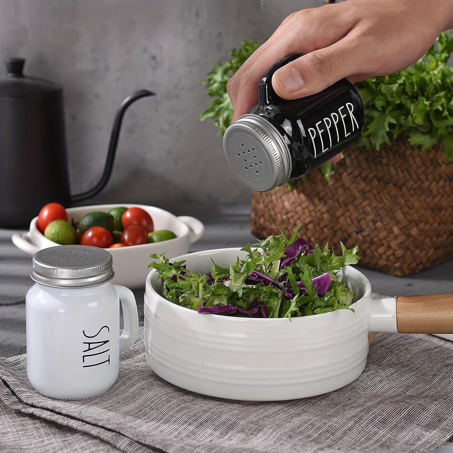 YUMIPLUS 2pcs Farmhouse Salt & Pepper Shaker Set  Vintage Black & White Glass Shakers with Handle & Stainless Steel Lid (4.4oz)