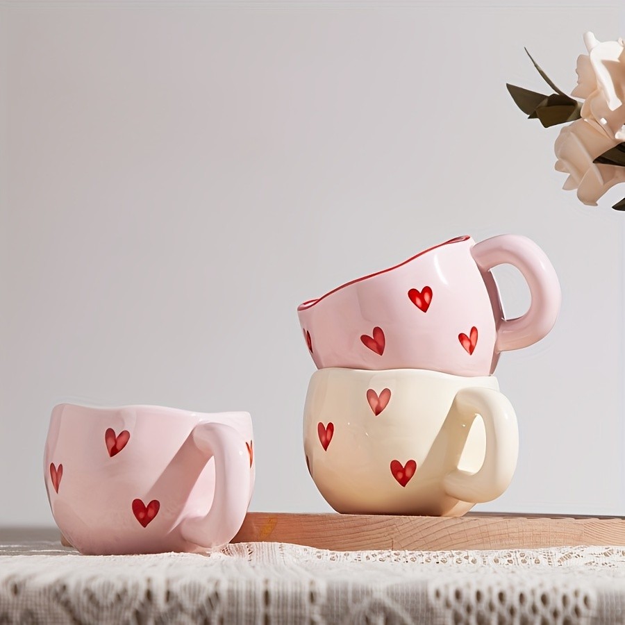 YUMIPLUS Romantic Ceramic Coffee Mug 9.5oz Heart Pattern Love-Inspired Cup for Couples & Everyday Use