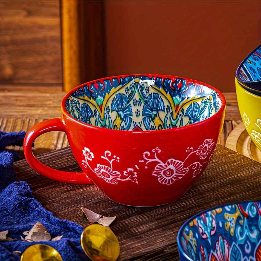 YUMIPLUS 15oz Bohemian Ceramic Breakfast Cup Large Capacity Water, Milk & Coffee Mug (Microwave-Safe)