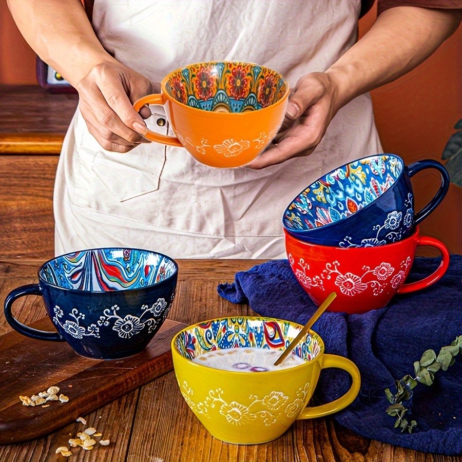 YUMIPLUS 15oz Bohemian Ceramic Breakfast Cup Large Capacity Water, Milk & Coffee Mug (Microwave-Safe)