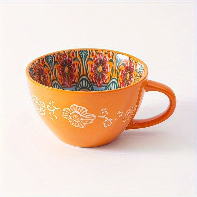 YUMIPLUS 15oz Bohemian Ceramic Breakfast Cup Large Capacity Water, Milk & Coffee Mug (Microwave-Safe)