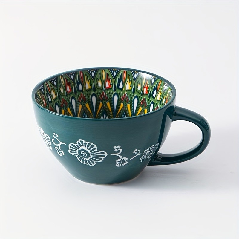 YUMIPLUS 15oz Bohemian Ceramic Breakfast Cup Large Capacity Water, Milk & Coffee Mug (Microwave-Safe)