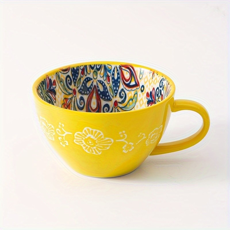 YUMIPLUS 15oz Bohemian Ceramic Breakfast Cup Large Capacity Water, Milk & Coffee Mug (Microwave-Safe)