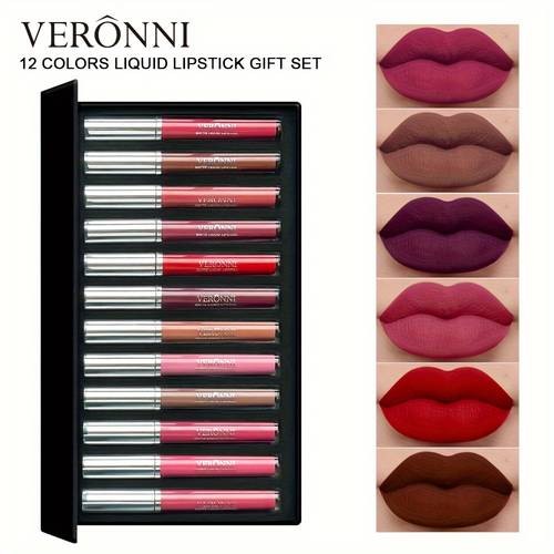 VERONNI 12 Set of Lip Glaze Lipstick  Non-Fading Matte Colour for Every Mood