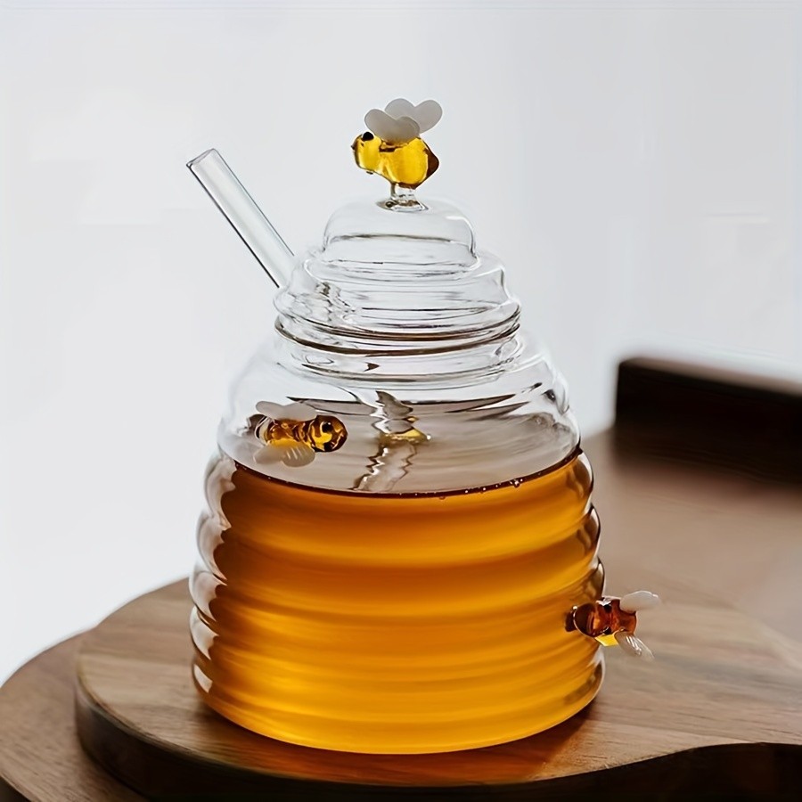 YUMIPLUS Glass Honey Jar with Dipper & Lid  High Borosilicate Transparent Honey Container with Cute Bee Decorations