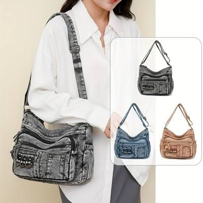 Vintage Washed Denim Shoulder Bag for Women Soft AutumnWinter Hobo Crossbody (Crafted in Guangzhou)