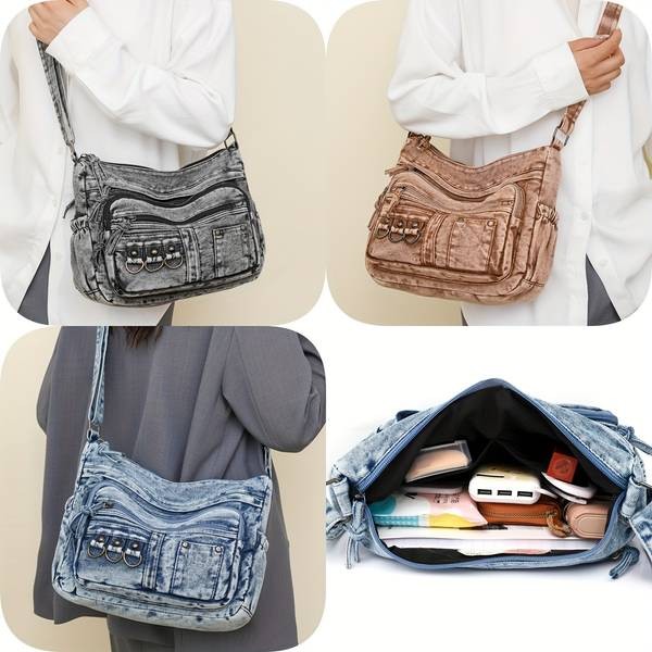 Vintage Washed Denim Shoulder Bag for Women Soft AutumnWinter Hobo Crossbody (Crafted in Guangzhou)