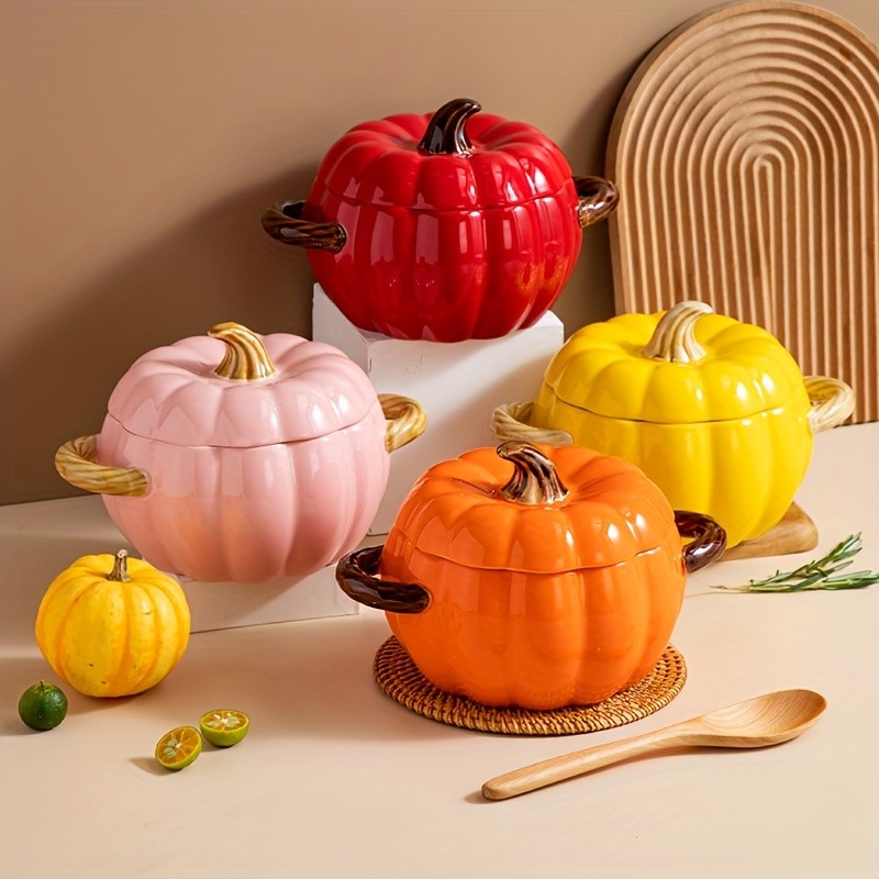 YUMIPLUS Dutch Oven Pumpkin Dish 50OZ  Premium Festive Ceramic Casserole