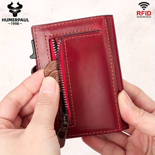 HUMERPAUL Womens RFID Blocking Wallet Vintage Red Genuine Leather Tri-Fold Card Holder