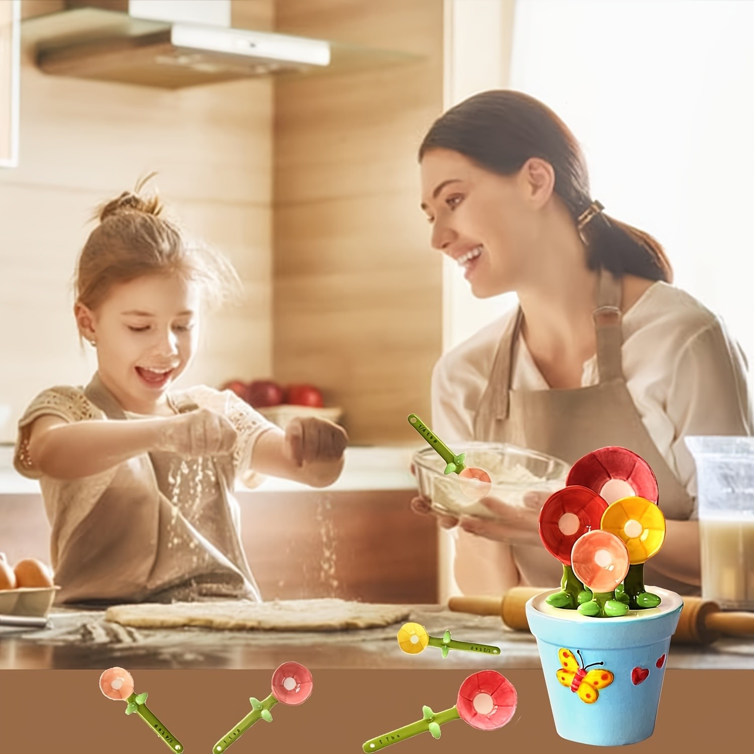 YUMIPLUS Flower Ceramic Measuring Spoons Set  Cute Porcelain Spoons with Pot Base Holder