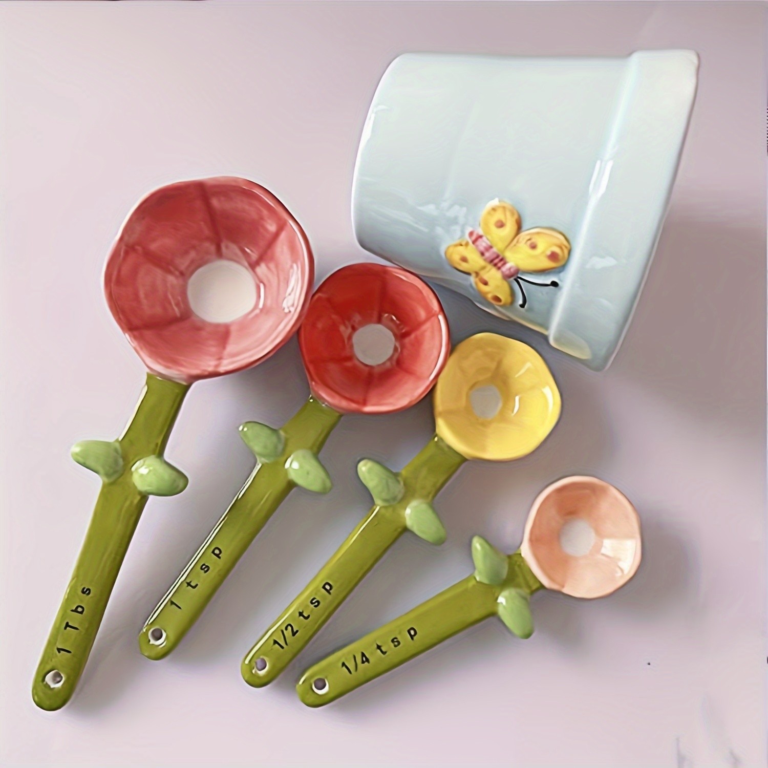 YUMIPLUS Flower Ceramic Measuring Spoons Set  Cute Porcelain Spoons with Pot Base Holder