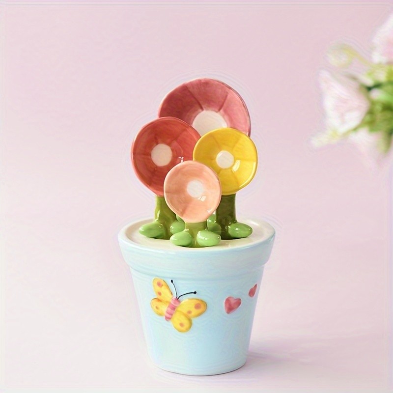 YUMIPLUS Flower Ceramic Measuring Spoons Set  Cute Porcelain Spoons with Pot Base Holder