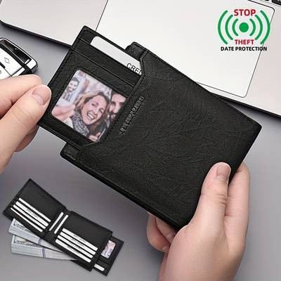BANYANU Mens Top-Grain Leather Short Wallet  14 Card Slots + Independent Card Holder