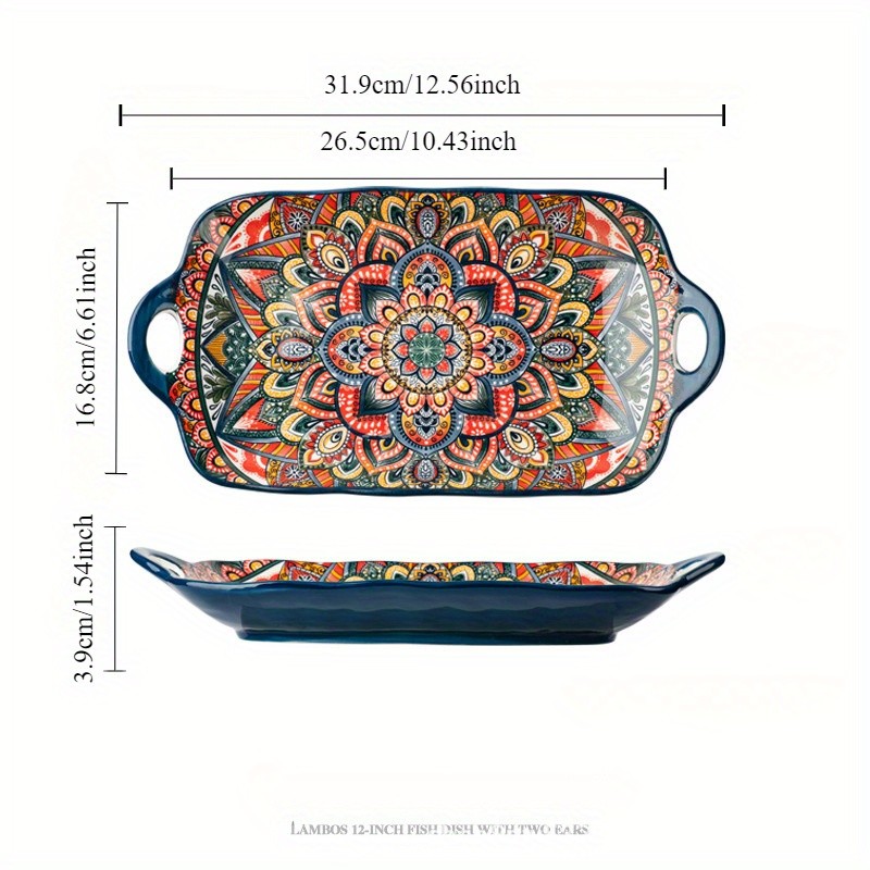 YUMIPLUS Bohemian Ceramic Serving Platter  Versatile Rectangular Dish with Handles for Dining & Entertaining