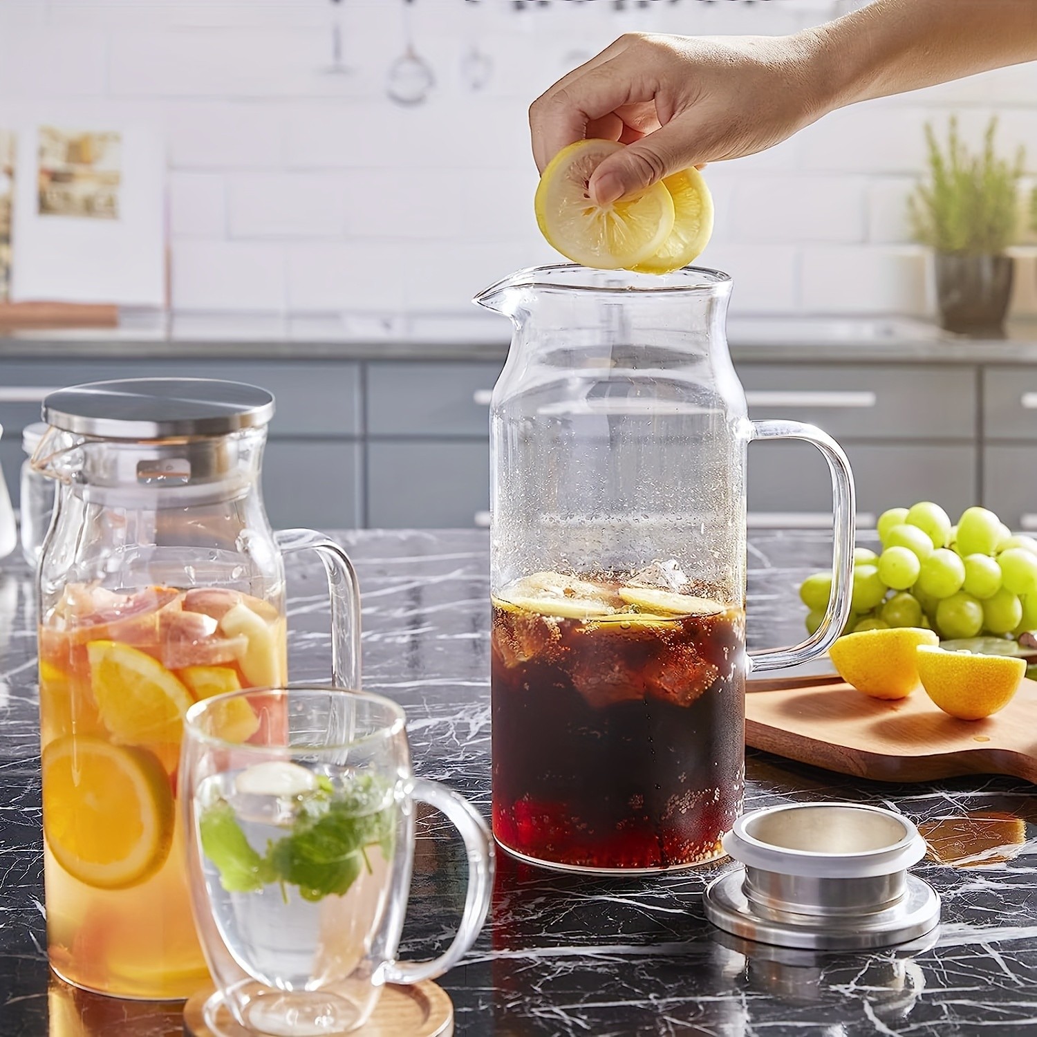 YUMIPLUS 1500ml High Borosilicate Glass Pitcher Heat-Resistant Durable Water & Beverage Dispenser with Stainless Steel Lid