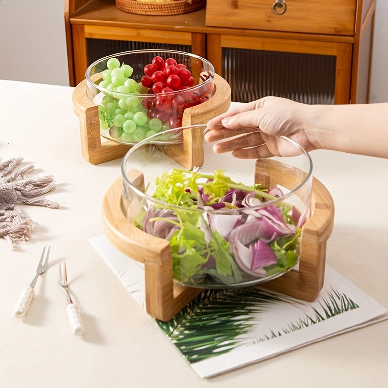YUMIPLUS Glass Fruit Plate with Bamboo Base  Elegant Snack & Salad Bowl for Home, Restaurant & Hotel Use