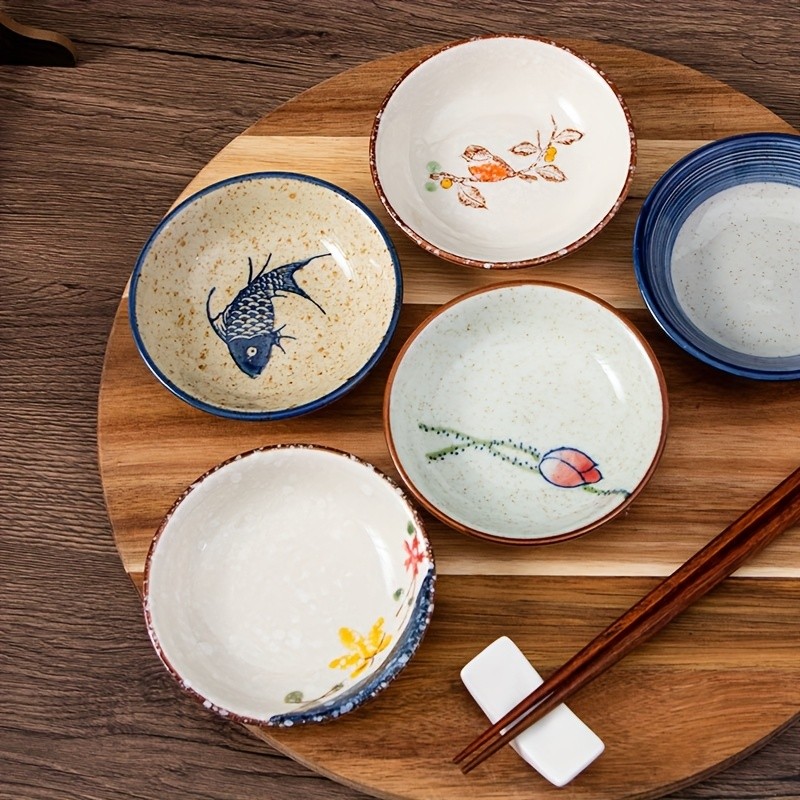 YUMIPLUS Japanese Retro Ceramic Side Dish Bowls Set (6pcs)  Traditional Porcelain Seasoning & Soy Sauce Dipping Plates