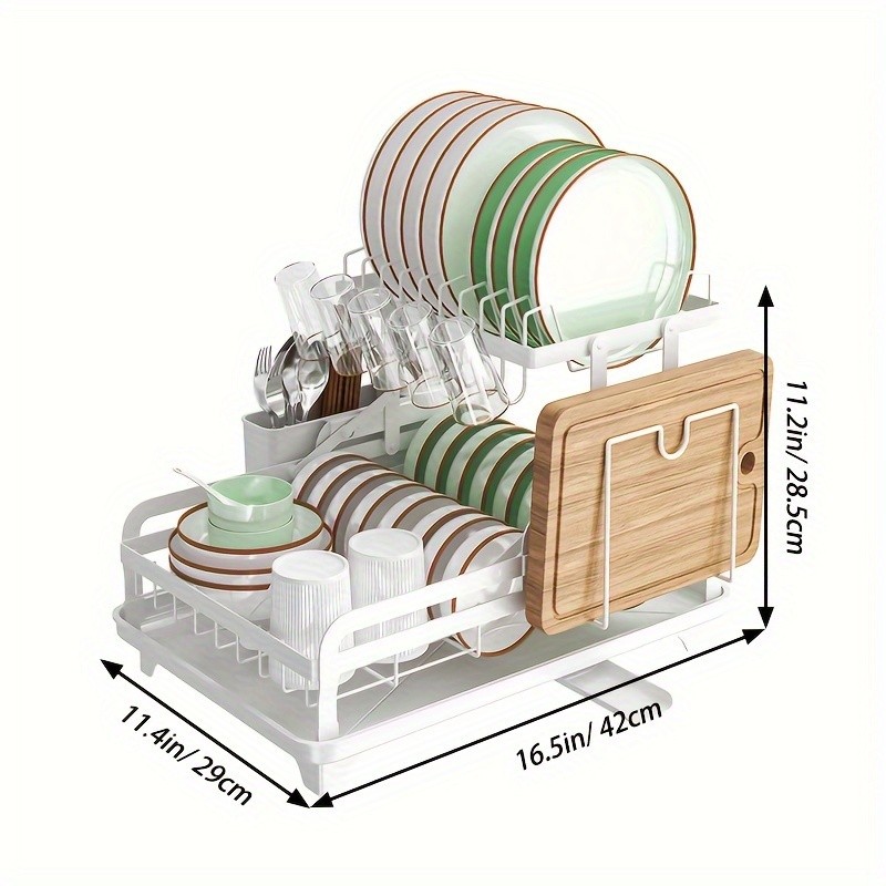 URLUNA 2-Tier Dish Drying Rack with Drainboard Large Metal Rack with Glass Holder, Utensil Holder & Extra Drying Mat