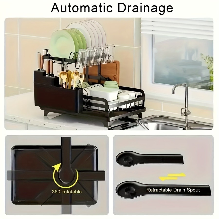 URLUNA 2-Tier Dish Drying Rack with Drainboard Large Metal Rack with Glass Holder, Utensil Holder & Extra Drying Mat