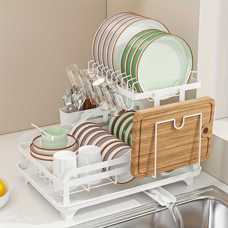 URLUNA 2-Tier Dish Drying Rack with Drainboard Large Metal Rack with Glass Holder, Utensil Holder & Extra Drying Mat