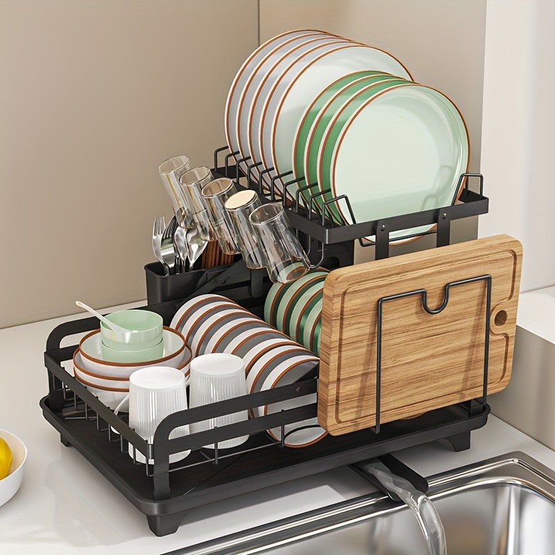 URLUNA 2-Tier Dish Drying Rack with Drainboard Large Metal Rack with Glass Holder, Utensil Holder & Extra Drying Mat