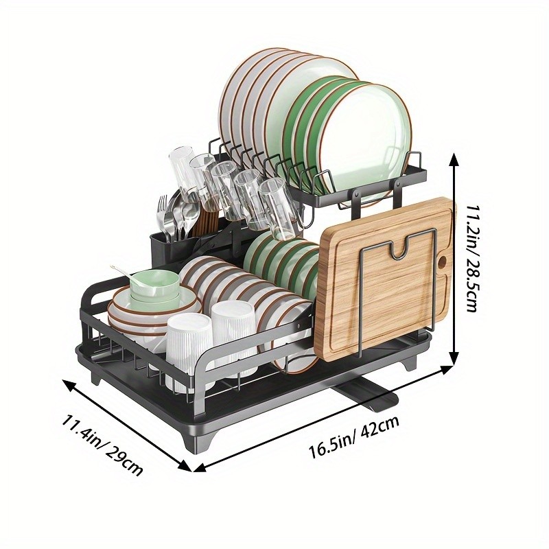 URLUNA 2-Tier Dish Drying Rack with Drainboard  Large Metal Rack with Glass Holder, Utensil Holder & Extra Drying Mat