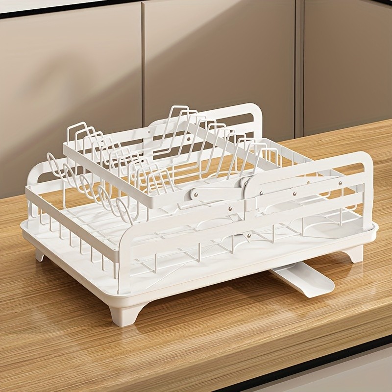 URLUNA 2-Tier Dish Drying Rack with Drainboard Large Metal Rack with Glass Holder, Utensil Holder & Extra Drying Mat
