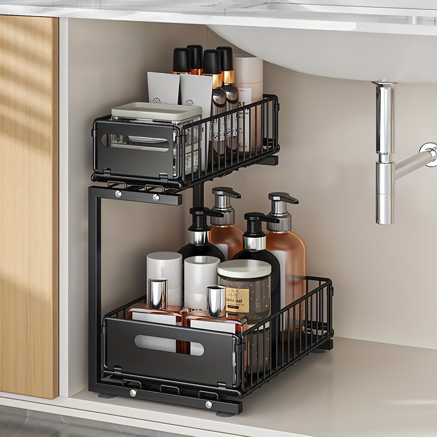 URLUNA 2-Tier Pull-Out Under Sink Organizer  Space-Saving Metal Cabinet Storage Rack for Kitchen & Bathroom