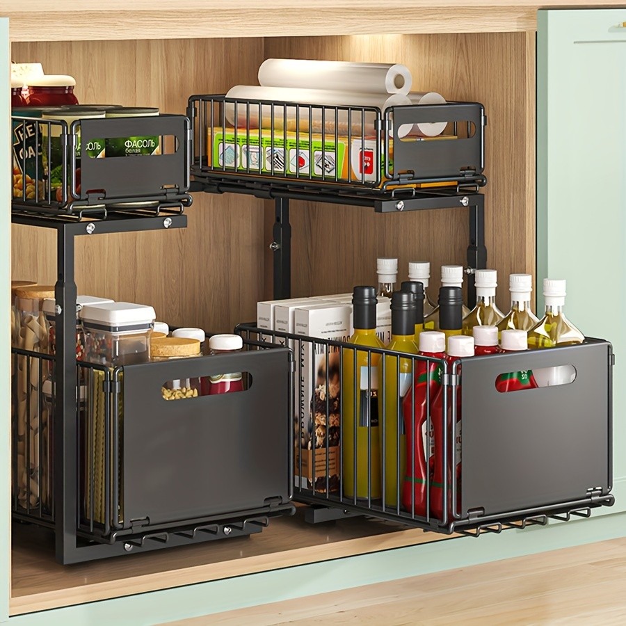 URLUNA 2-Tier Pull-Out Under Sink Organizer  Space-Saving Metal Cabinet Storage Rack for Kitchen & Bathroom