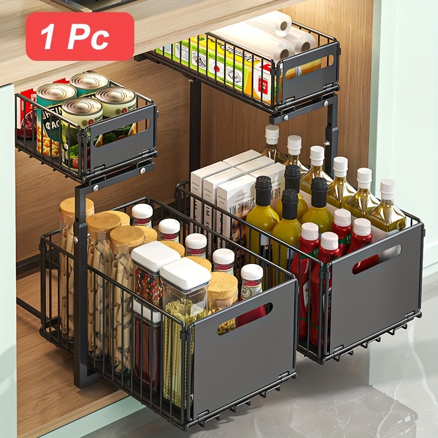 URLUNA 2-Tier Pull-Out Under Sink Organizer  Space-Saving Metal Cabinet Storage Rack for Kitchen & Bathroom