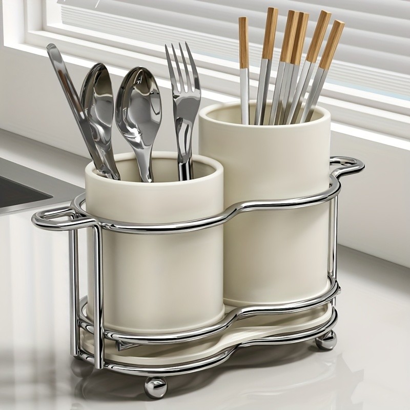 URLUNA Cutlery Holder  Dual-Compartment Silverware Organizer with Metal Frame for Kitchen & Countertop Storage
