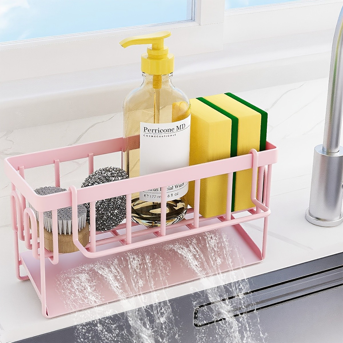 URLUNA Sink Caddy with Rag Hook & Self-Drain Tray  Pink Kitchen Organizer for Sponges, Cloths & Cleaning Supplies