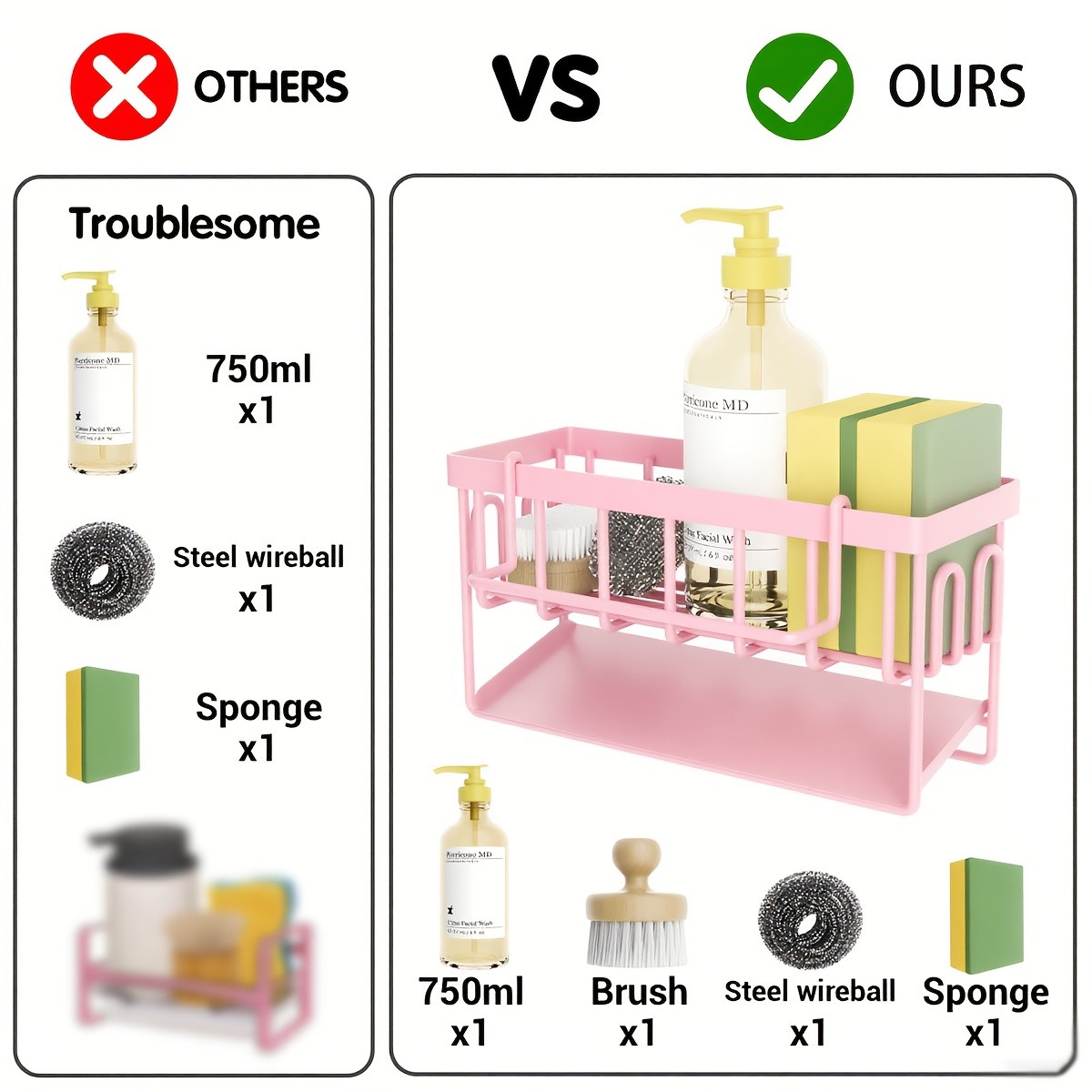 URLUNA Sink Caddy with Rag Hook & Self-Drain Tray  Pink Kitchen Organizer for Sponges, Cloths & Cleaning Supplies