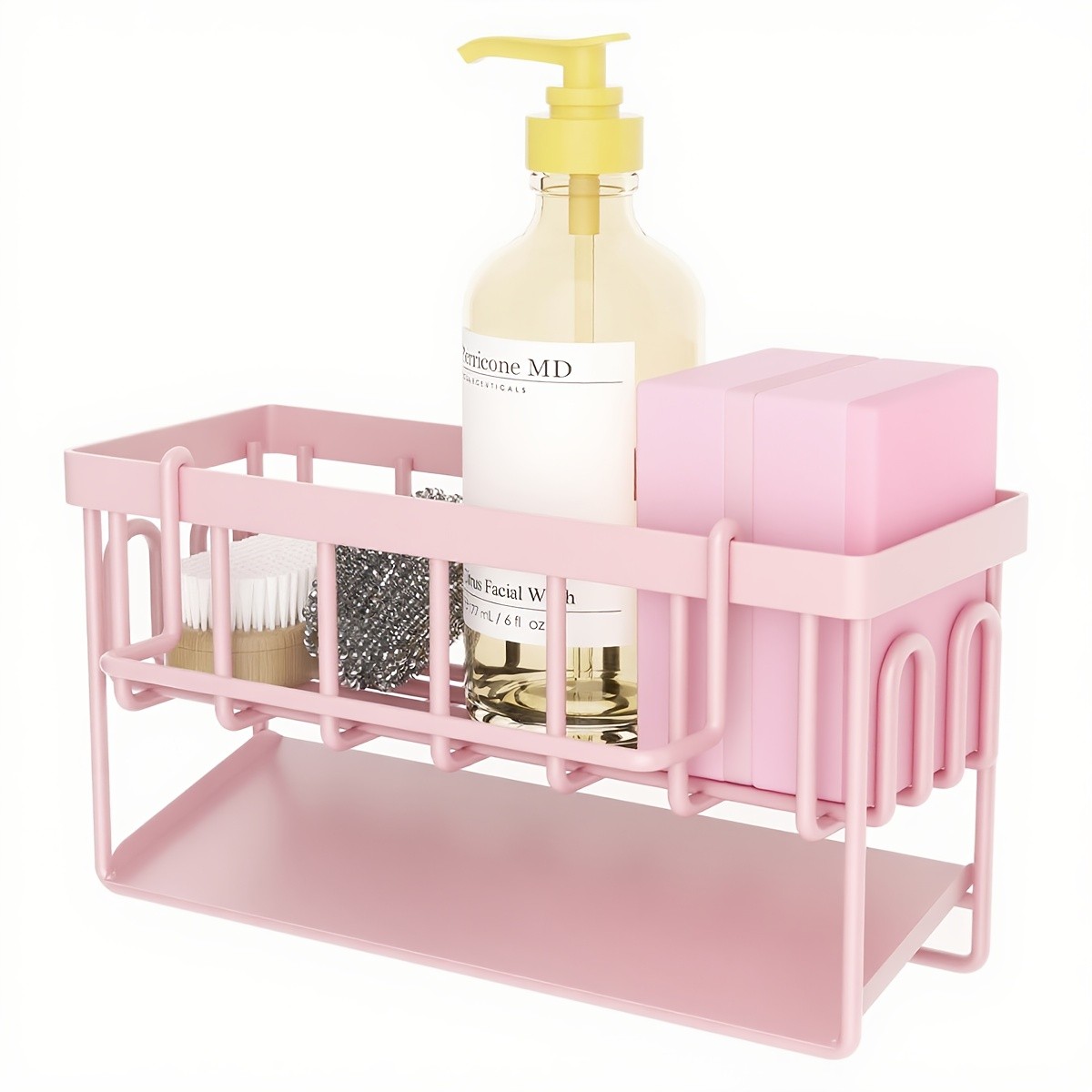 URLUNA Sink Caddy with Rag Hook & Self-Drain Tray  Pink Kitchen Organizer for Sponges, Cloths & Cleaning Supplies