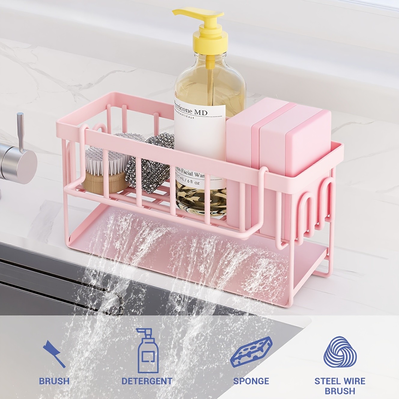 URLUNA Sink Caddy with Rag Hook & Self-Drain Tray  Pink Kitchen Organizer for Sponges, Cloths & Cleaning Supplies