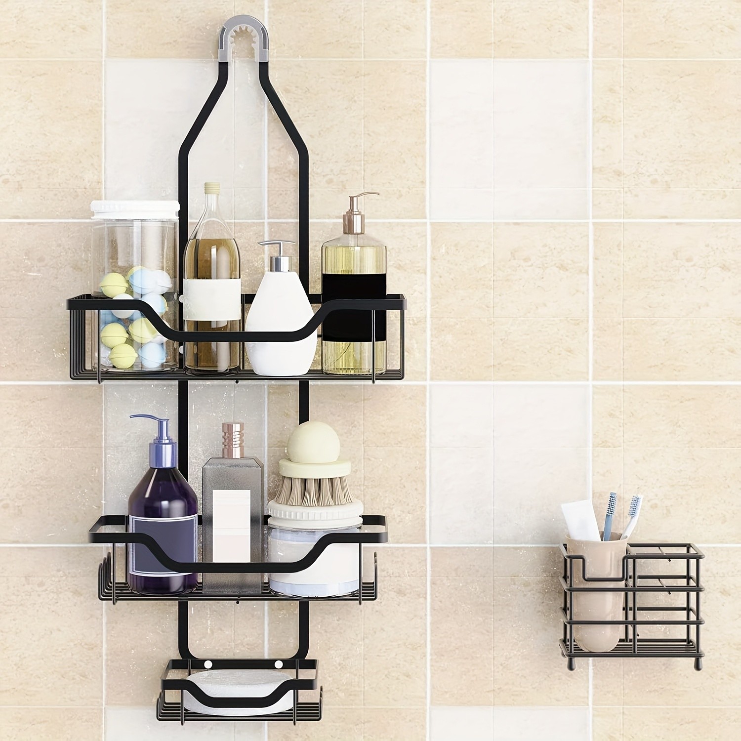 URLUNA Rustproof Black Shower Caddy  Wall-Mounted No-Drill Bathroom Organizer with Soap Holder