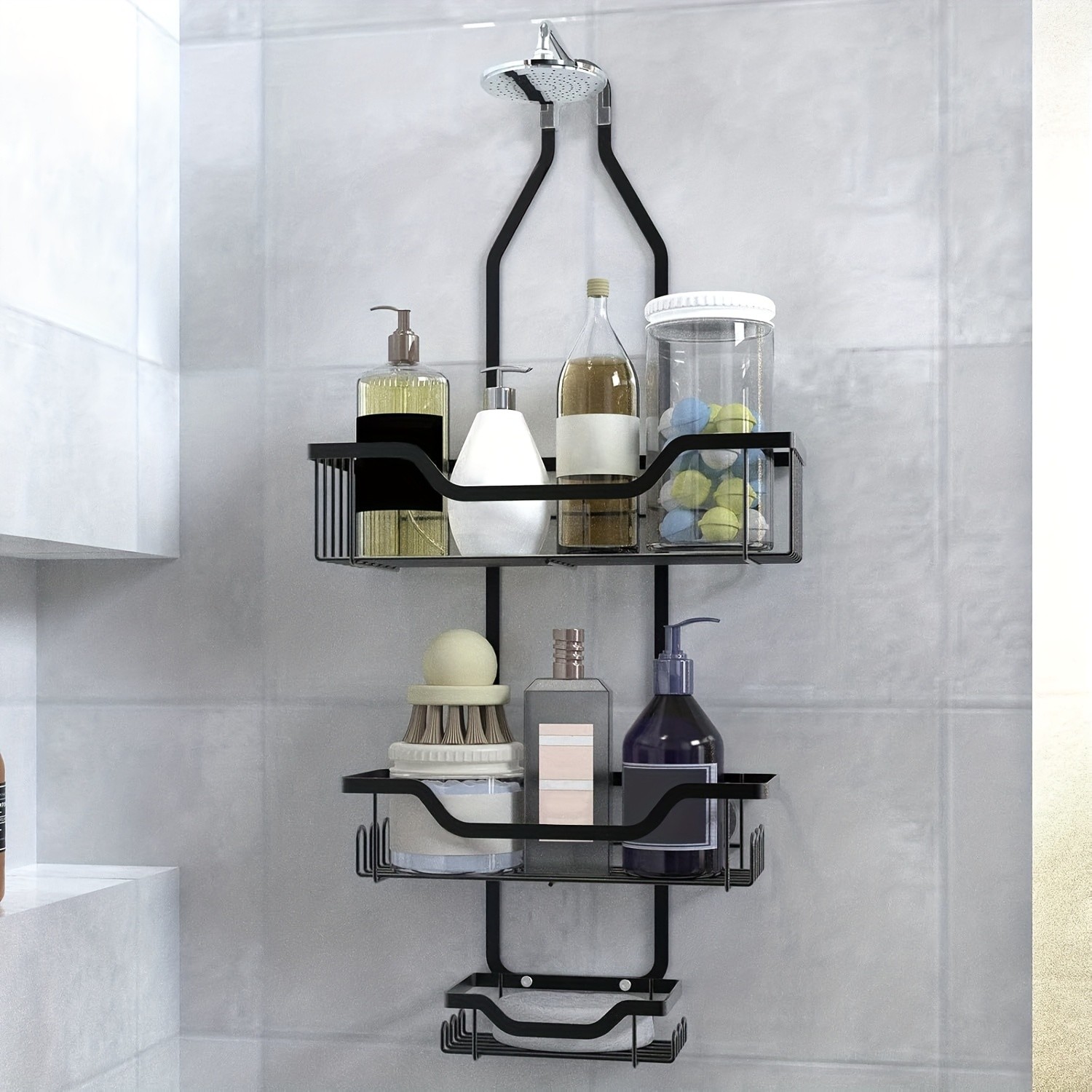 URLUNA Rustproof Black Shower Caddy  Wall-Mounted No-Drill Bathroom Organizer with Soap Holder