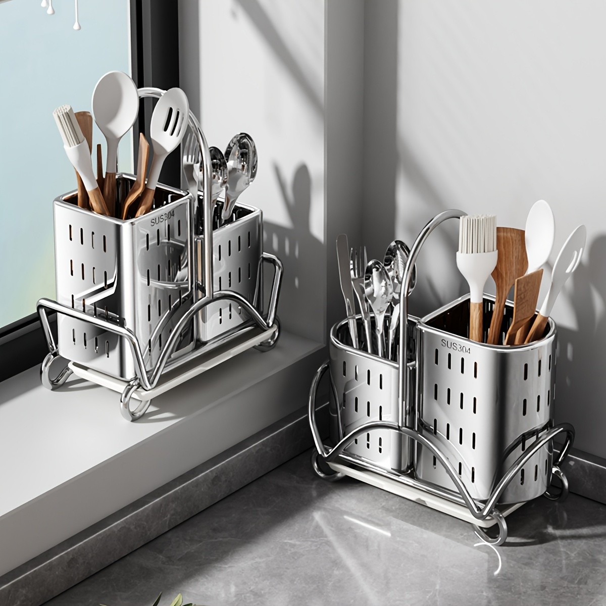 URLUNA Stainless Steel Cutlery Holder SUS 304 Silverware Caddy with Bracket for Kitchen Countertop