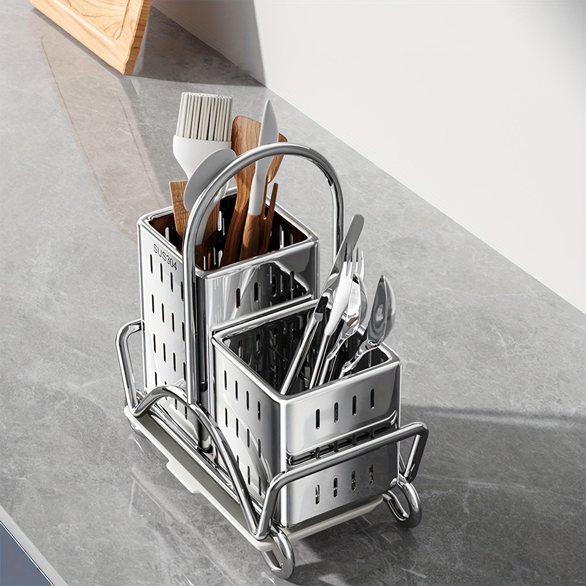 URLUNA Stainless Steel Cutlery Holder SUS 304 Silverware Caddy with Bracket for Kitchen Countertop